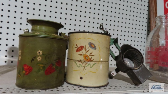 Vintage flour sifter, grater, and small jug