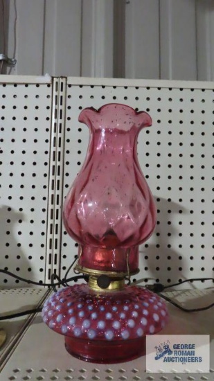 Cranberry hobnail glass electrified lamp