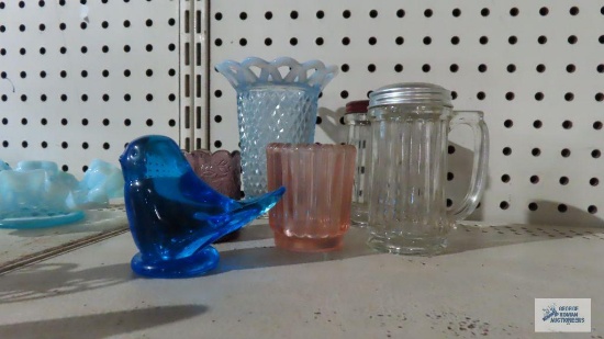 glass... blue bird, frosted vase, candle holders, salt and pepper shakers