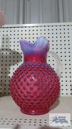 Cranberry frosted glass hobnail pitcher