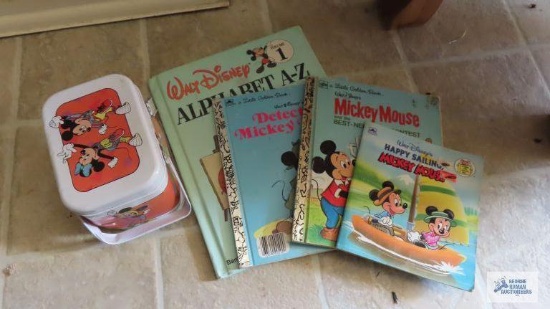 Mickey Mouse Disney books and tin basket