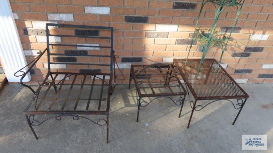 Metal chair, ottoman, side table, and plant stand
