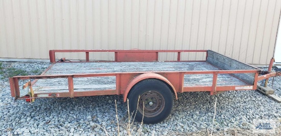 Red single axle utility tilting deck trailer. 12 ft long by 77 in wide,...Inside width No title is
