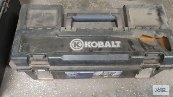 Kobalt plastic tool box with hardware and tools.