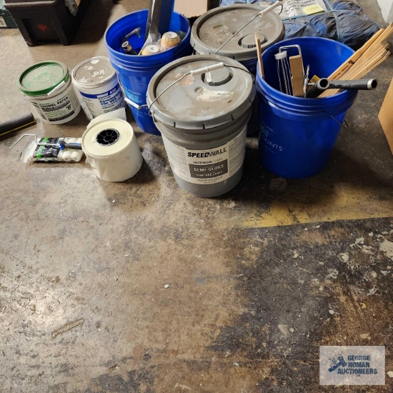 Lot of painting supplies and paint including tile adhesive and shallow asphalt repair patch