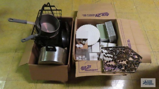 Lot of commercial pans, metal baskets, battery powered tea lights and etc