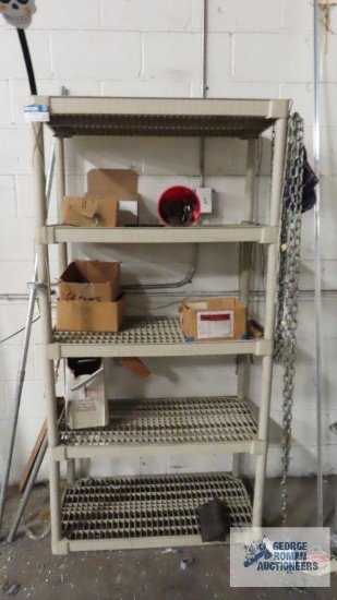 Plastic shelving unit including chain and hardware