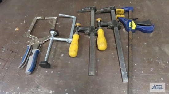 Lot of assorted wood clamps and etc
