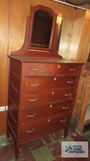 Antique oak chest of drawers with beveled mirror