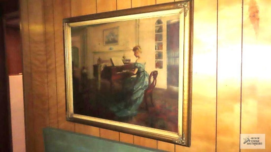 Lady playing piano print in gold frame. No shipping!