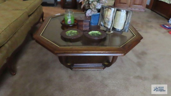 Oak finish glass top coffee table and end table