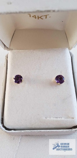 Purple gemstone earrings, marked 14K
