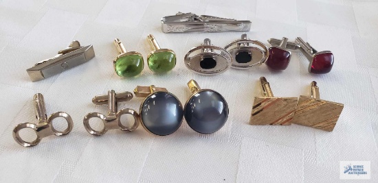Cufflinks including colorful gemstones, some marked Swank. Dante tie clips. monogrammed tie clip
