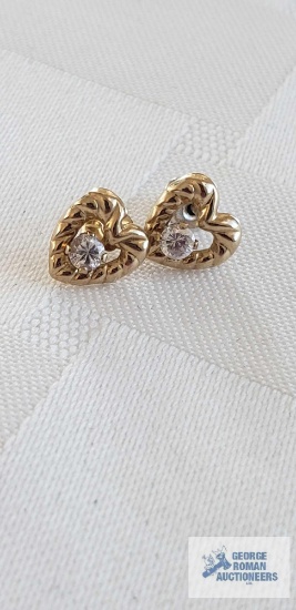 Gold colored with clear gemstone heart-shaped earrings, marked 10K