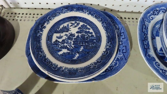 Barker Brothers 1900s Longton dinner plate, has small chip....two modern Blue Willow pattern dinner