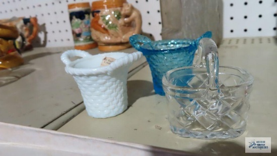 Degenhart milk glass...basket toothpick holder....blue glass basket toothpick holder. vintage woven