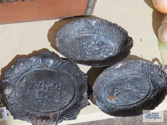 vintage German festival souvenir metal oval trinket plate and pair of German metal plates, missing