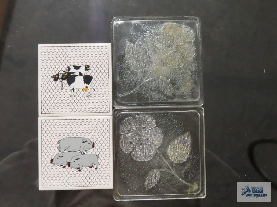 cow and pig ceramic coasters and floral glass coasters