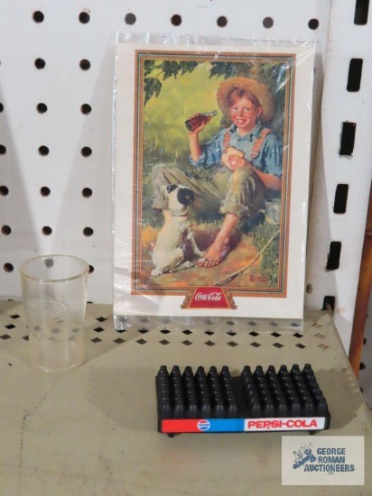 Small Coca-Cola Norman Rockwell advertising postcard, miniature Pepsi Cola plastic glass and
