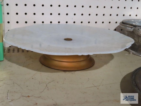 White depression glass cake plate with metal base