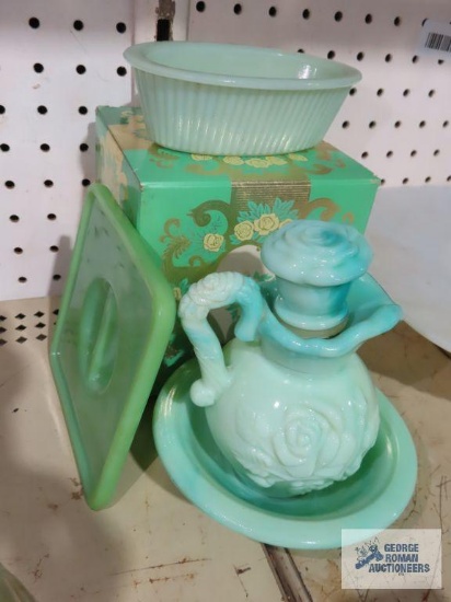 Avon soap dish, Avon pitcher with stopper and green depression glass lid