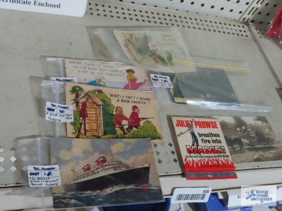 Antique postcards and Juliet Prowse advertising matchbook