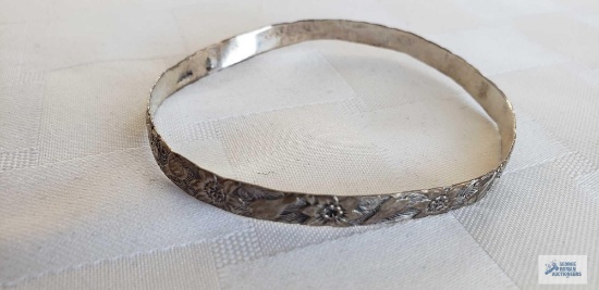 Floral etched bangle bracelet, marked Sterling
