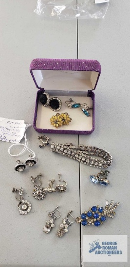 Assorted non-pierced earrings....one marked Kramer, New York pin. bracelet, some missing rhinestones