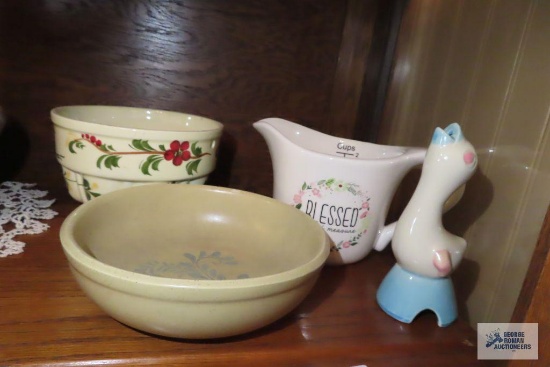 Hand painted in Portugal planter, McCoy planter, stoneware measuring cup, and pie bird