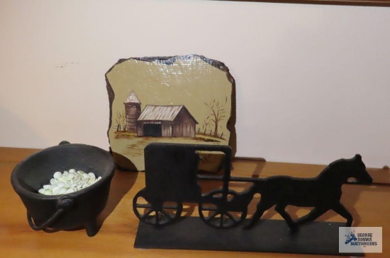 Amish buggy and horse decoration, miniature kettle, and barn print