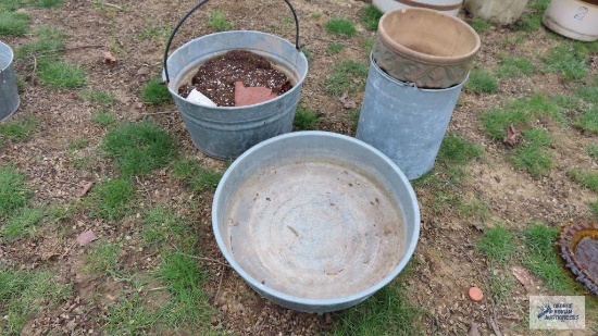 Galvanized buckets, pan, and planters, must take contents