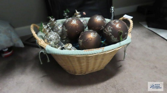 Laundry basket with Christmas heavy, hollow, glass ornaments