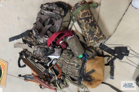 Hunting supplies including backpacks, hand muff, belt straps, etc