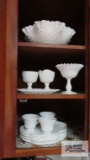 Milk glass hobnail fluted bowl and compote and grape motif luncheon pieces