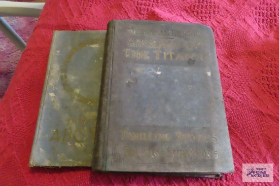 vintage books including Bible picture ABC book and the sinking of the Titanic