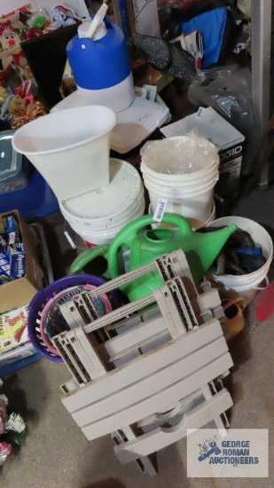 Buckets, wastebaskets, plastic end tables, watering cans, garden hose, etc