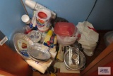 styrofoam cups and plates, tinware and plastic containers