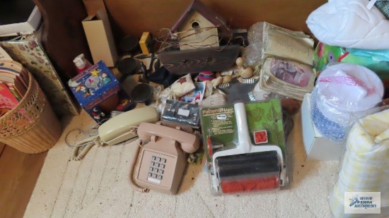Miscellaneous items, including Noah's birdhouse pattern, telephones