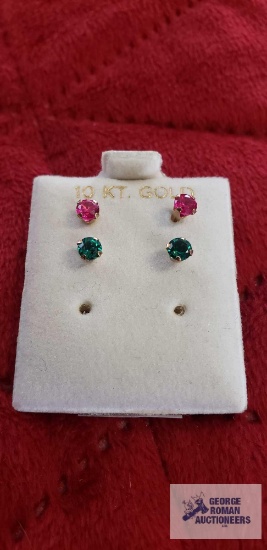 Pair of pink and pair of green gemstone earrings, marked 10K, approximate total weight .64 G