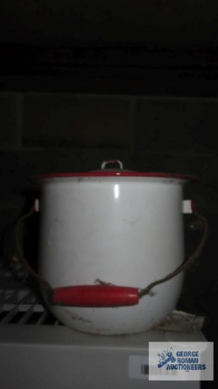 vintage enamelware chamber pot with lid and wood handle