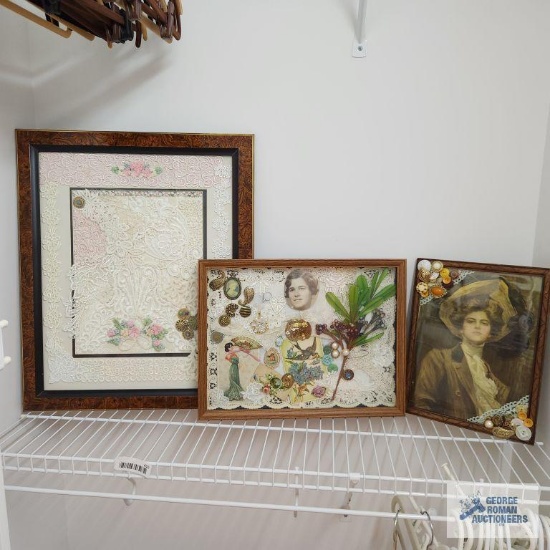 Crafted pictures using buttons and miscellaneous lace