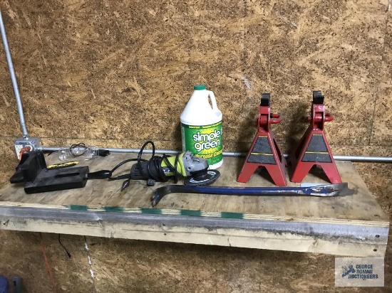 GRINDERS, JACK STANDS, AND OTHER ITEMS ON TWO SHELVES