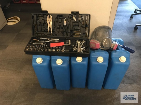 (5) WATER CONTAINERS, TOOLS, MASK