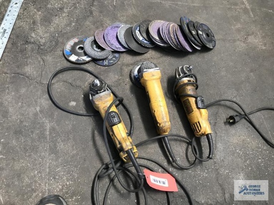 THREE DEWALT GRINDERS AND BLADES
