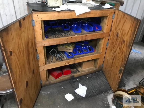WOOD CABINET, DRILL BITS, ETC.
