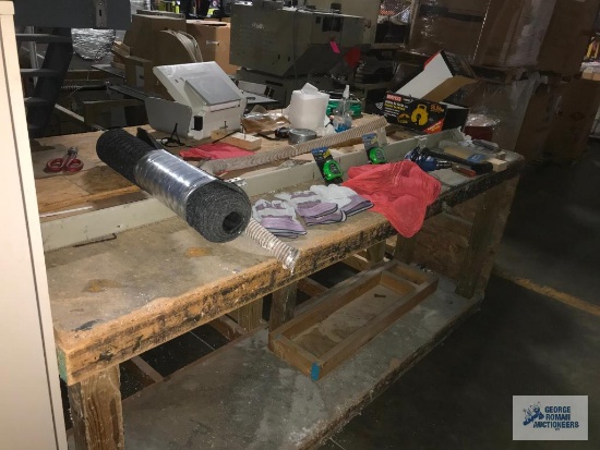 CORD REEL, DRILL, TAPES, GLOVES AND (2) WOOD TABLES