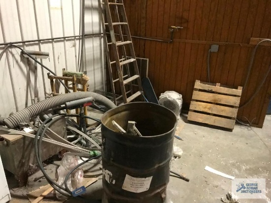 BARREL OF SCRAP, STAND, LADDER