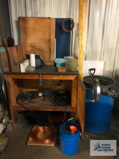 WOOD WORK STATION. TRASH BARRELL, COPPER AND OTHER PIECES.