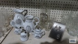 25th anniversary washbowl and pitcher, tea pot, creamer, sugar, bell and clear glass pitcher with