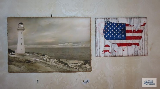 Lighthouse print and United States of America print wall hangings